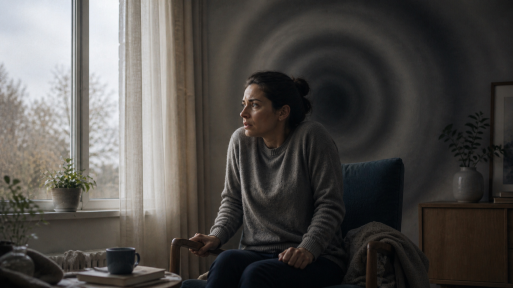 Woman experiencing sudden fear and physical tension despite being safe at home